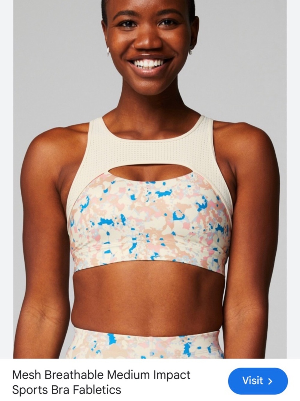 Fabletics medium Beige Sports Bra with Blue & Pink Print